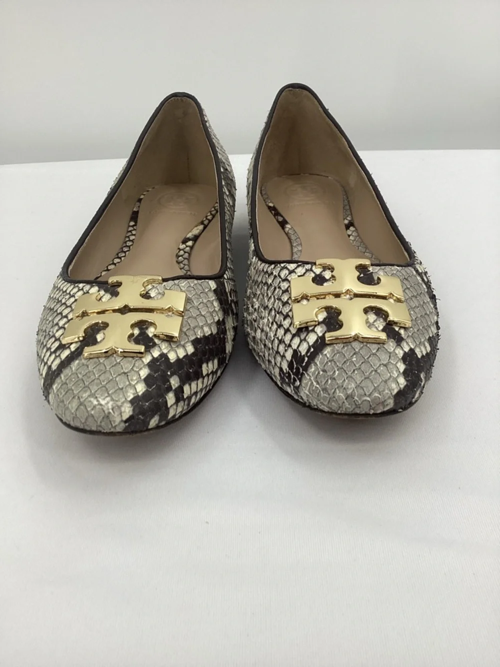 Tory Burch Georgia Snake-Print Ballet Flats with Gold Logo